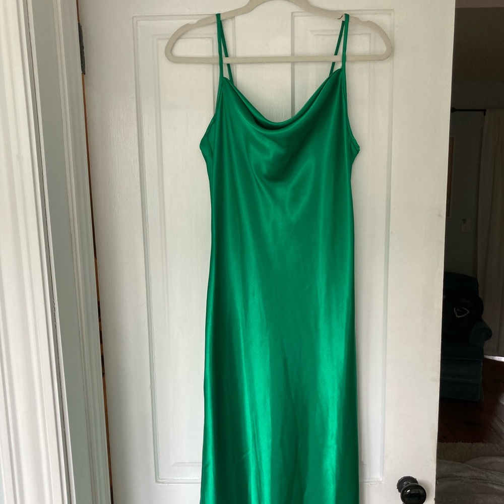 NWT green satin cowl neck midi dress